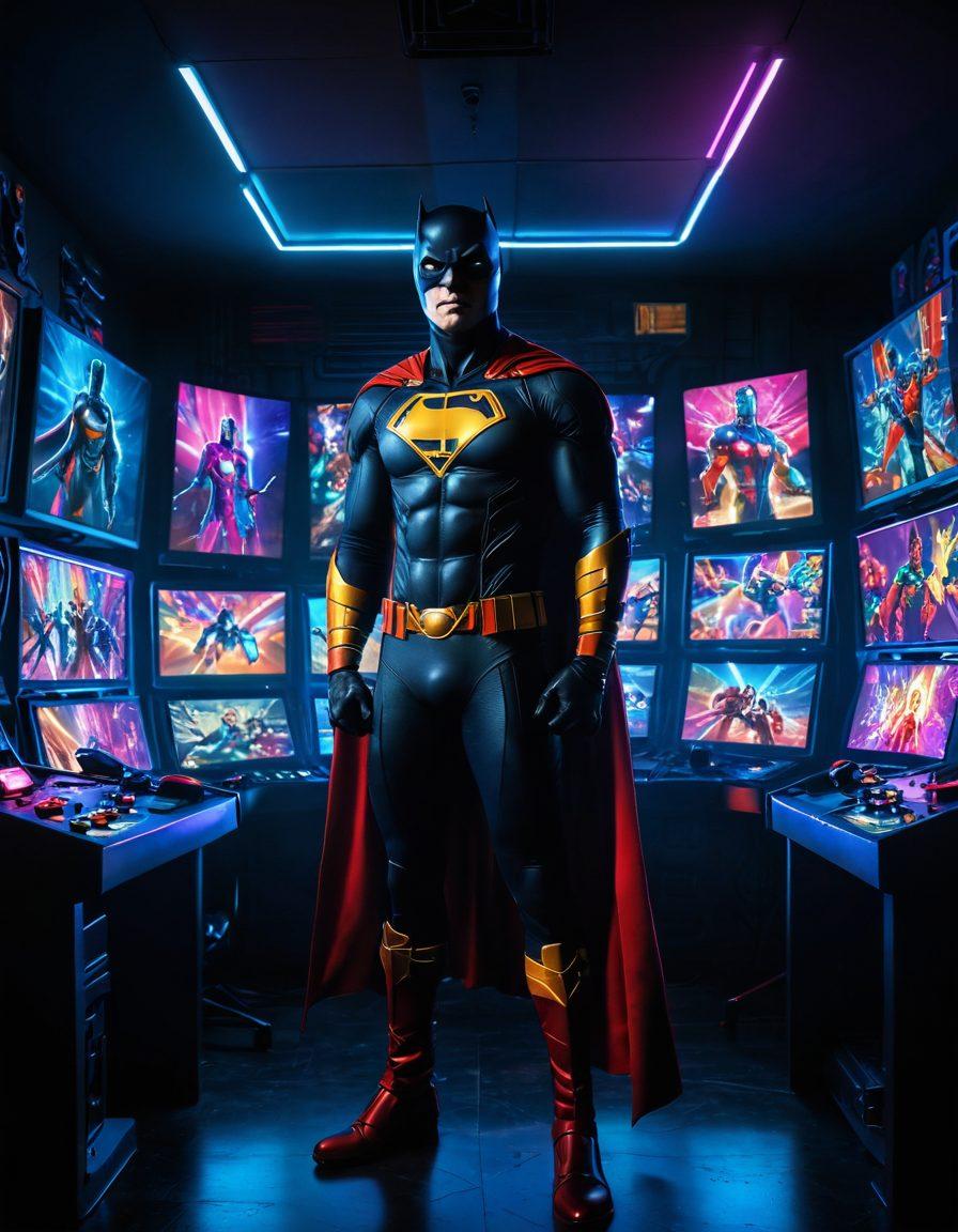 A vivid scene of a person half-clad in a superhero costume, standing confidently in a dimly lit gaming room filled with colorful screens, and a mix of dark shadows and bright neon lights. Half of their face is illuminated with joy and excitement, while the other half reflects a serious, focused demeanor. Surrounding them are iconic gaming symbols and elements representing both dark and joyful aspects of gaming. Artistic blend of realism and comic-style illustration. vibrant colors. dynamic contrast.