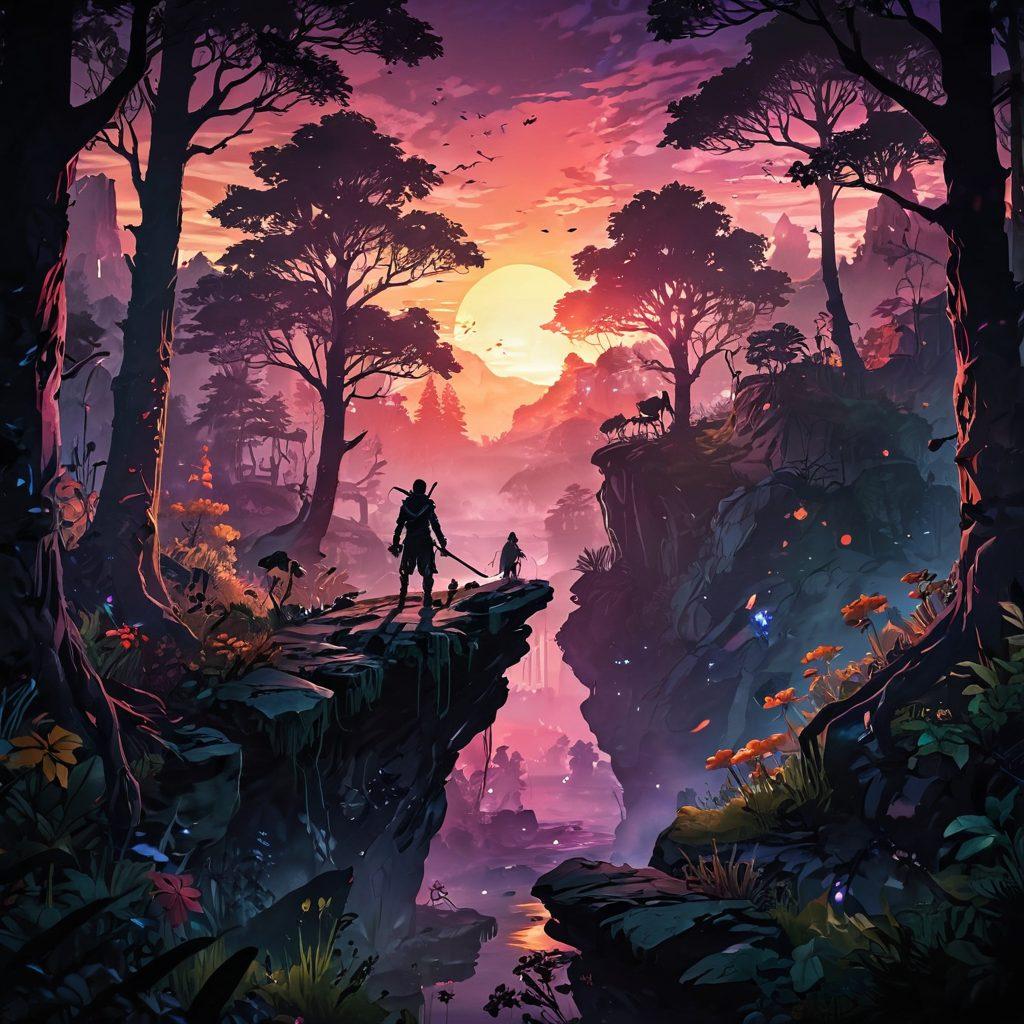 A split-image scene that captures the contrast of a dark, eerie gaming realm on one side, filled with shadowy figures and ominous landscapes, while the other side bursts with vibrant colors depicting a joyful quest filled with heroes, lush forests, and illuminating sunsets. In the center, a gamer character transitions between the two worlds, symbolizing the emotional journey. super-realistic. vibrant colors. dynamic backgrounds.