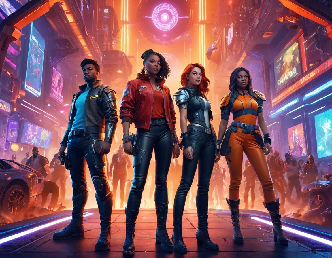 A dynamic scene showcasing a diverse group of gamers engaged in thrilling virtual adventures, surrounded by vibrant and intriguing game landscapes like futuristic cities and fantasy realms. They wear stylish, edgy outfits reflecting their unique personalities, with glowing gaming gear and intense expressions. Include imaginative elements such as energy beams and mythical creatures in the background to emphasize excitement. The color palette should be bold and vivid to capture the essence of gaming culture. super-realistic. vibrant colors. 3D.